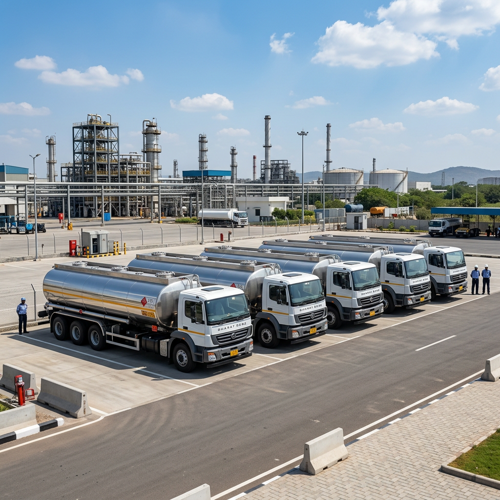 Tanker trucks parked outside an industrial refinery