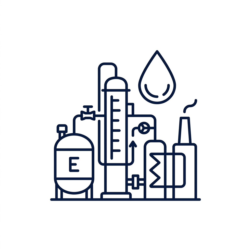 Line illustration of an industrial oil processing facility with tanks and pipes