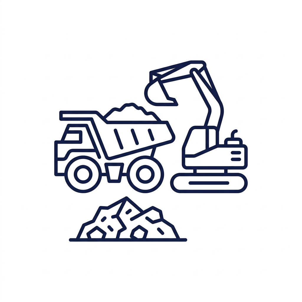 Line drawing of a dump truck, excavator, and rubble pile