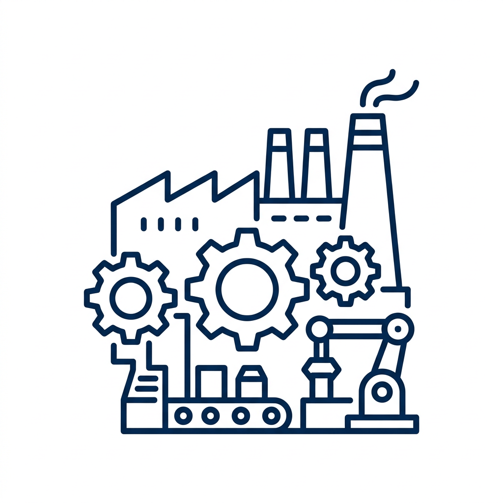 Factory with gears, smokestack, conveyor belt, and robotic arm