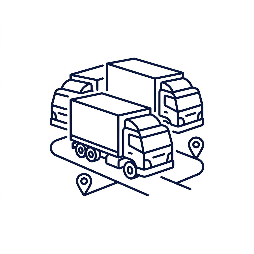 Several delivery trucks connected by routes and location pins