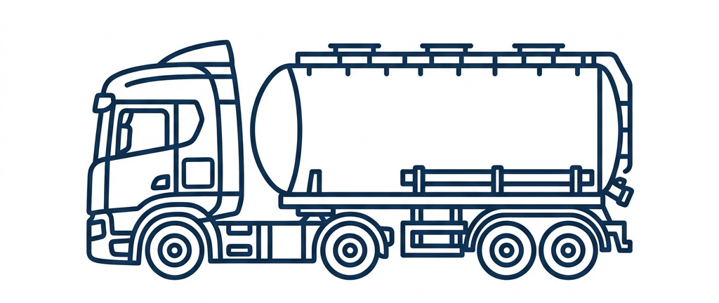 Line drawing of a tanker truck with cylindrical trailer