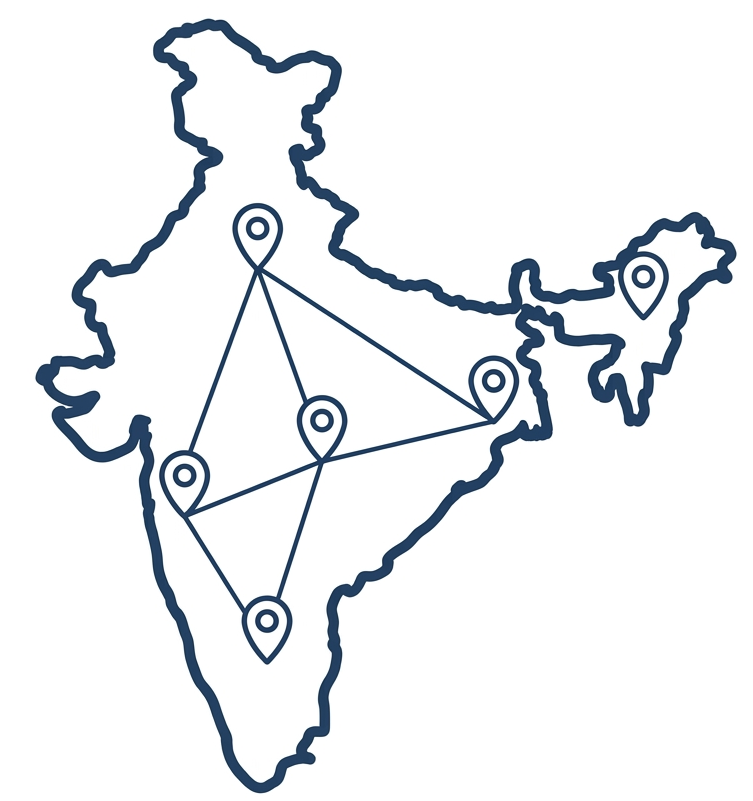Outline map of India with six connected location pins