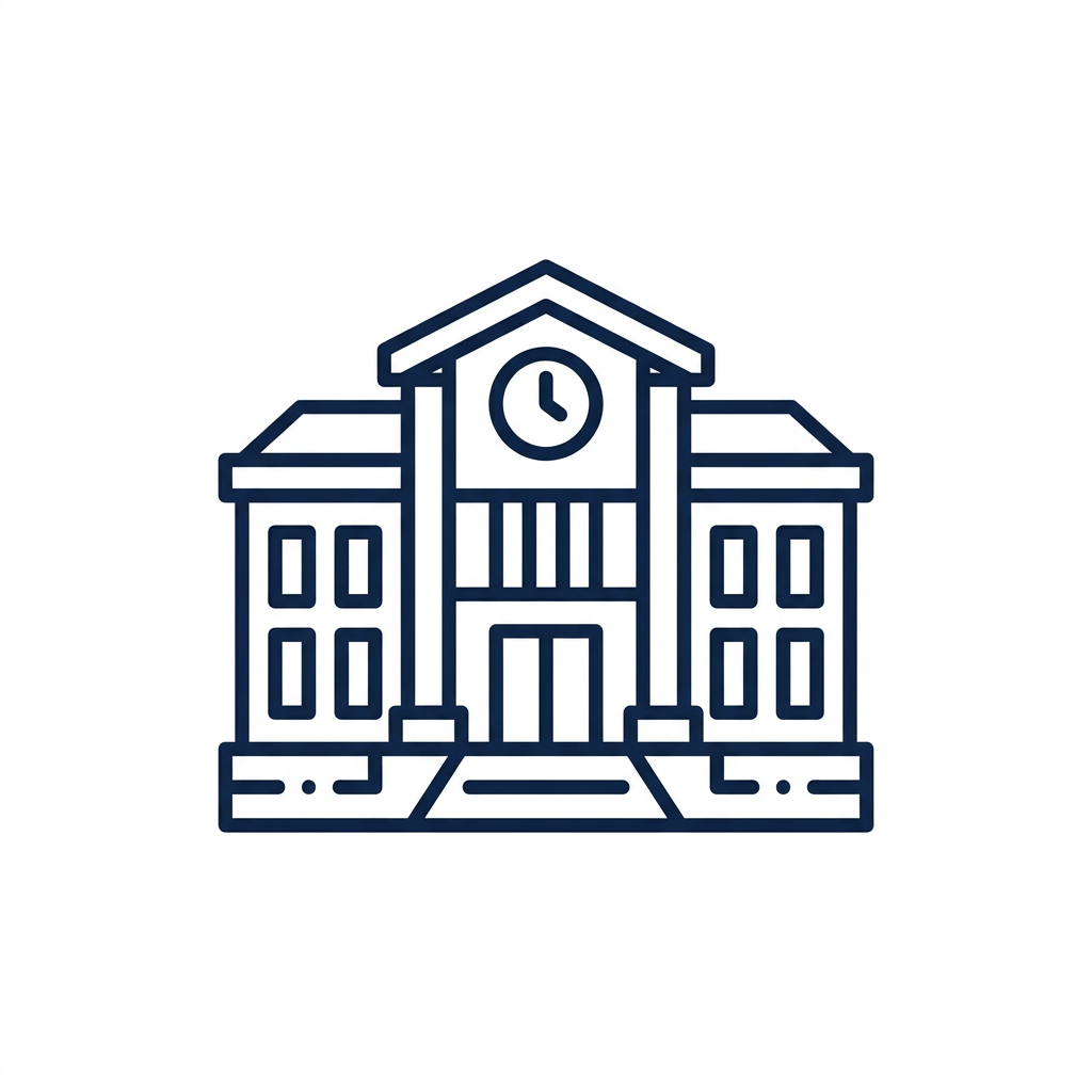 Navy outline of a school building with a clock and central entrance