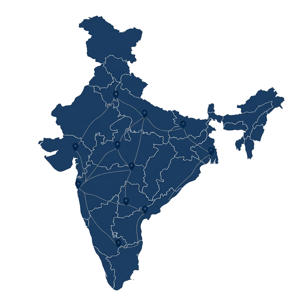 Dark blue map of India with state borders, location pins, and connecting lines