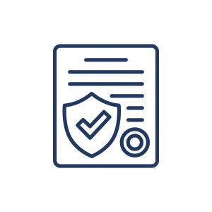 Document with shield, checkmark, and circular verification symbol